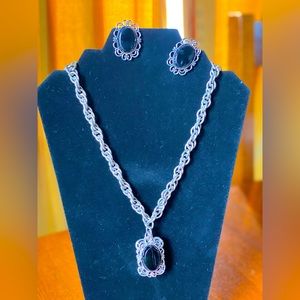 Vintage black & silver metal necklace and clip earring set costume jewelry